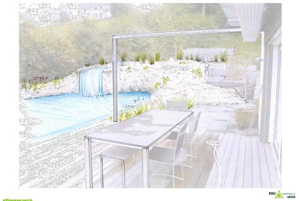 Perspektive einer Gartenanlage mit Biopool oder Schwimmteich.