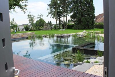 So sieht ein Schwimmteich mit Gartenanlage aus. Die Gartenplanung wurde durch die Egli Gartenbau AG erstellt