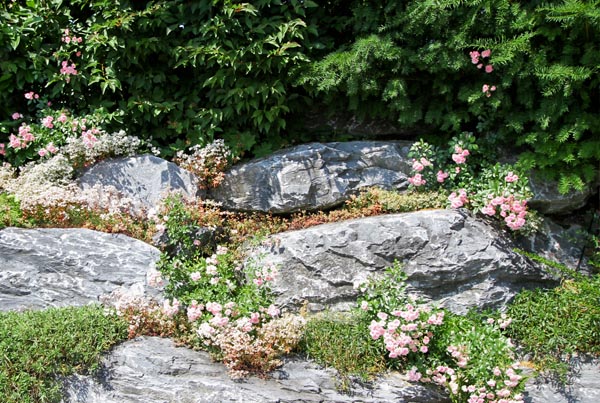 Natursteinmauer aus Guber mit Polsterpflanzen