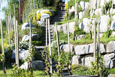Stellplattentreppe integriert in die Natursteinmauer