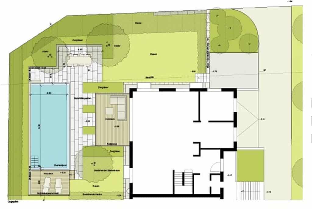 Planung eines Gartens, in welchem mit einem Schwimmbadbauer ein Schwimmbad gebaut werden soll.